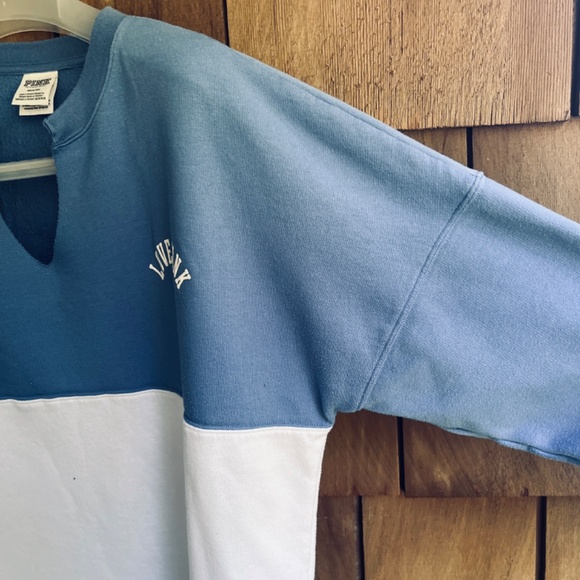 VS PINK Varsity Notch Neck Crew Pullover Sweatshirt Blue Colorblock Size M - Picture 7 of 16